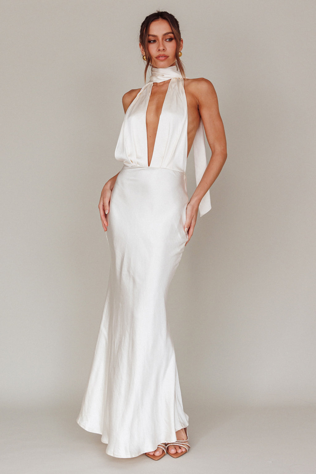 Italia Azure Halterneck Maxi Dress Oyster by Selfie Leslie