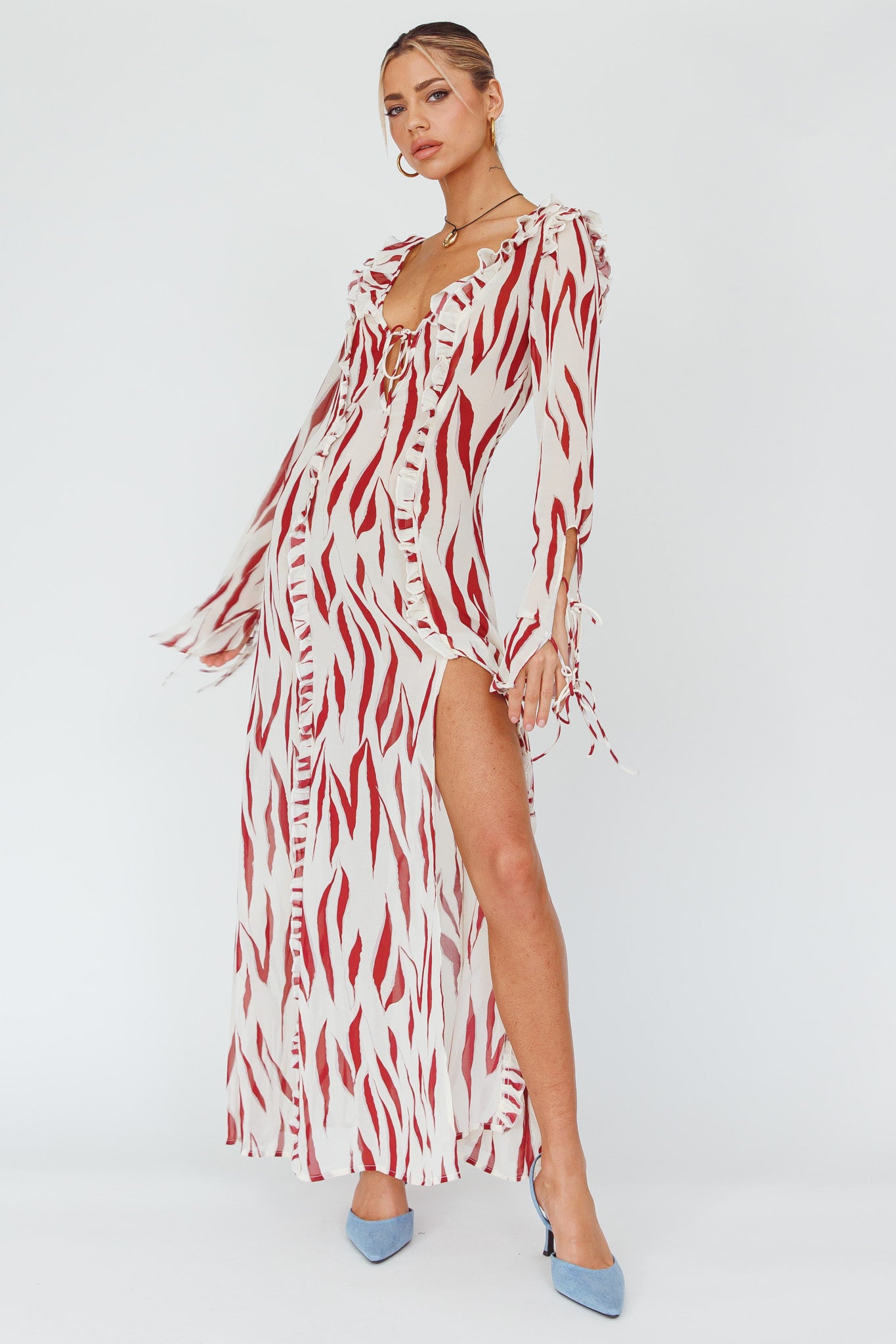 Oasis Moon Frill Trim Maxi Dress Printed Ruby by Selfie Leslie