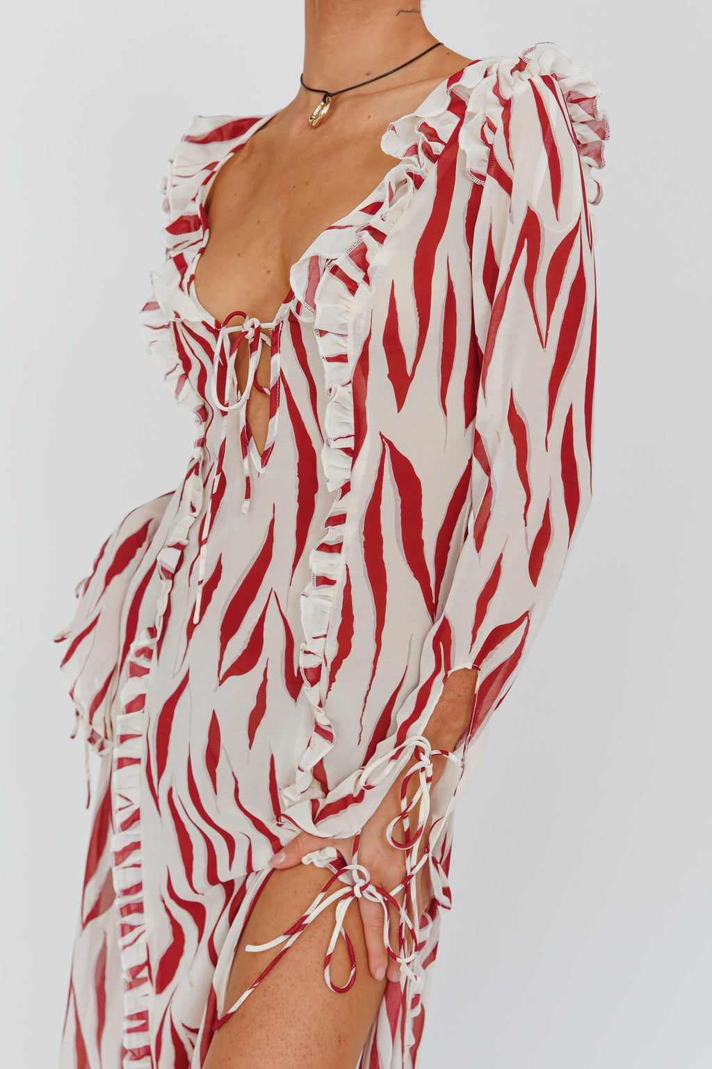 Oasis Moon Frill Trim Maxi Dress Printed Ruby by Selfie Leslie