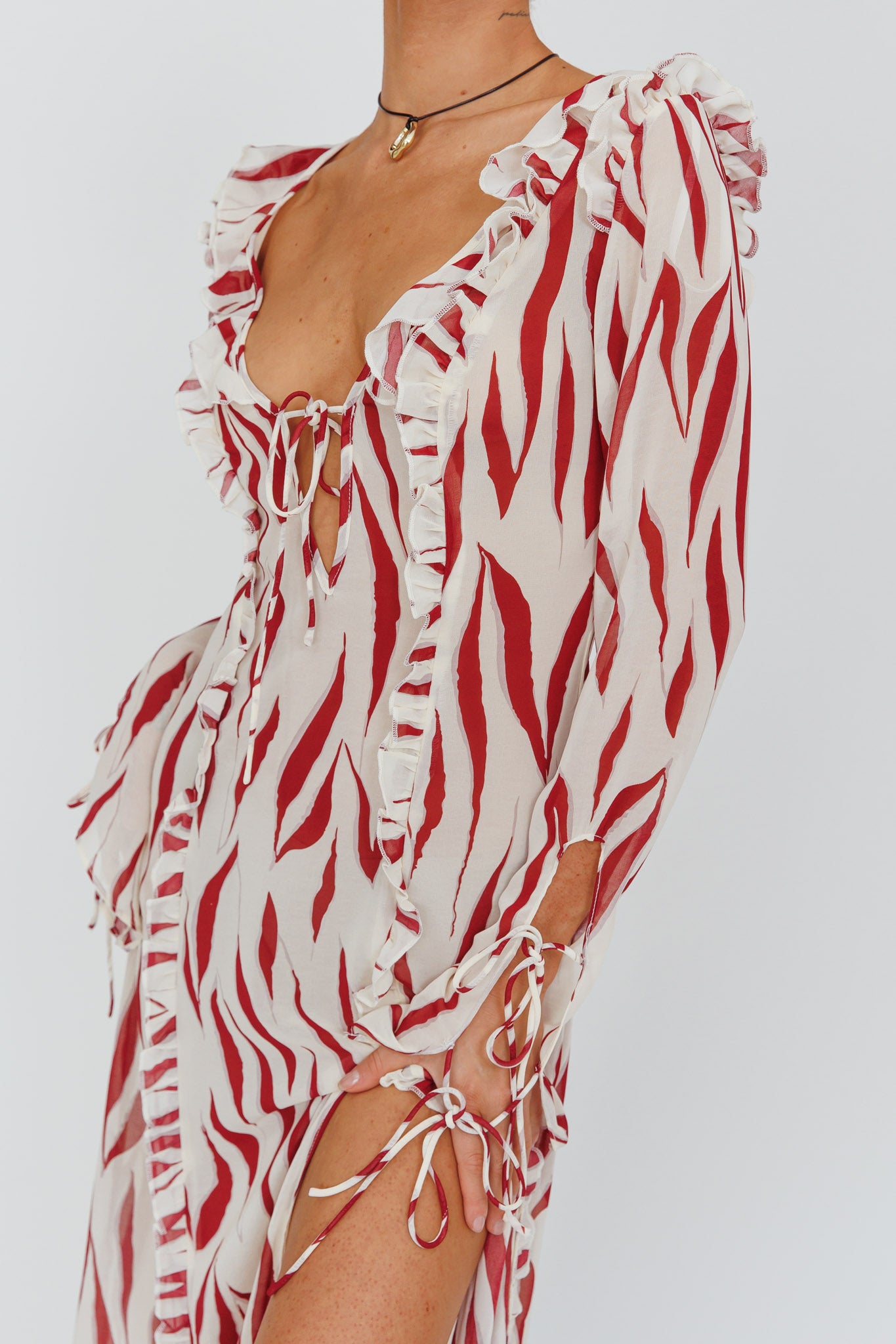 Oasis Moon Frill Trim Maxi Dress Printed Ruby by Selfie Leslie