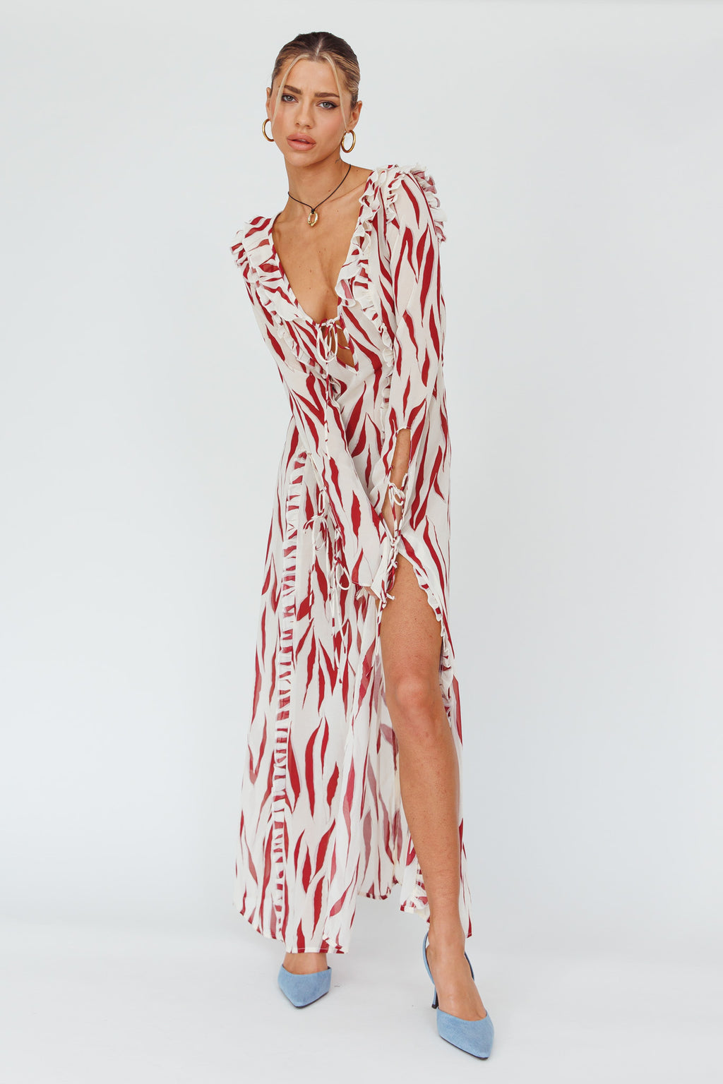 Oasis Moon Frill Trim Maxi Dress Printed Ruby by Selfie Leslie