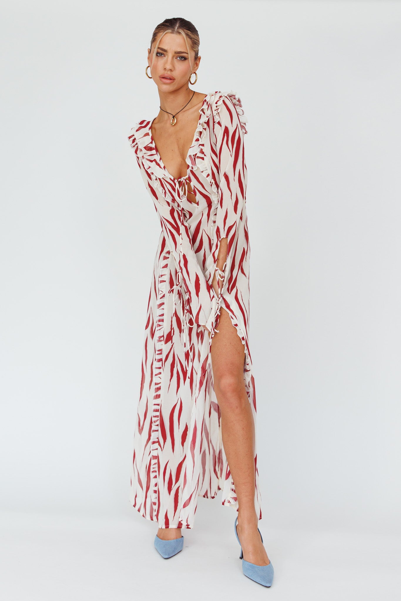 Oasis Moon Frill Trim Maxi Dress Printed Ruby by Selfie Leslie