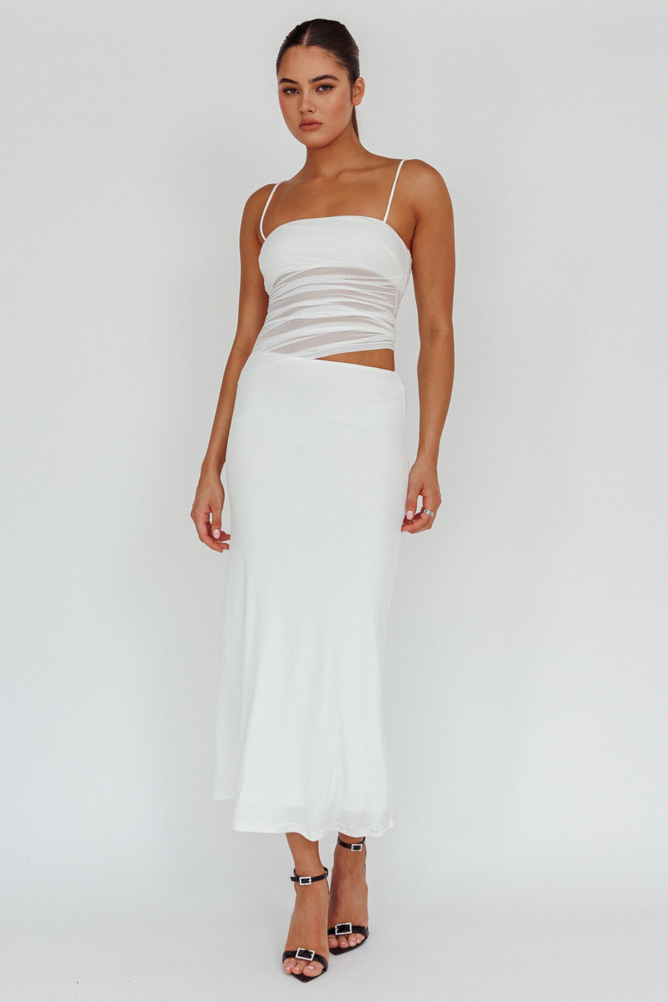 Lorely Ruched Bodice Midi Dress Vanilla by Selfie Leslie