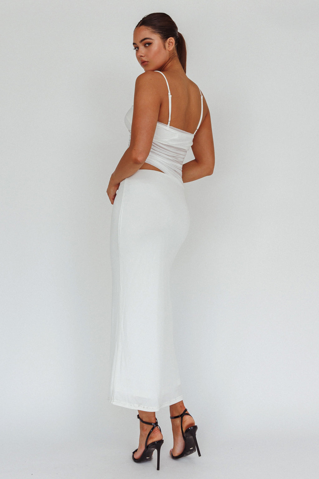 Lorely Ruched Bodice Midi Dress Vanilla by Selfie Leslie