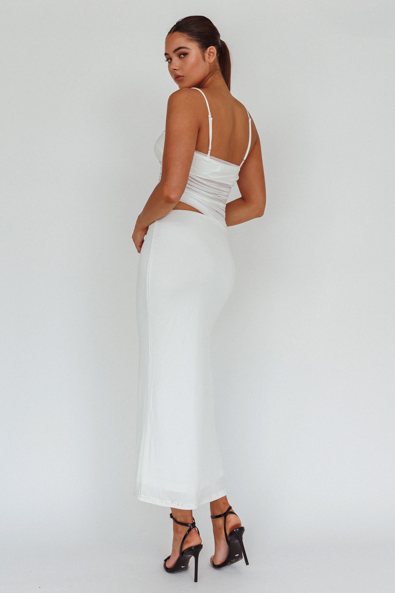 Lorely Ruched Bodice Midi Dress Vanilla by Selfie Leslie