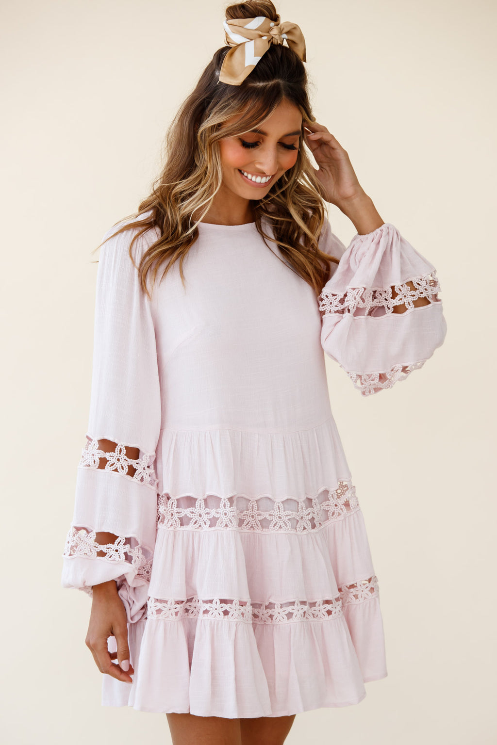Miles Away Long Balloon Sleeve Trim Insert Dress Pink by Selfie Leslie