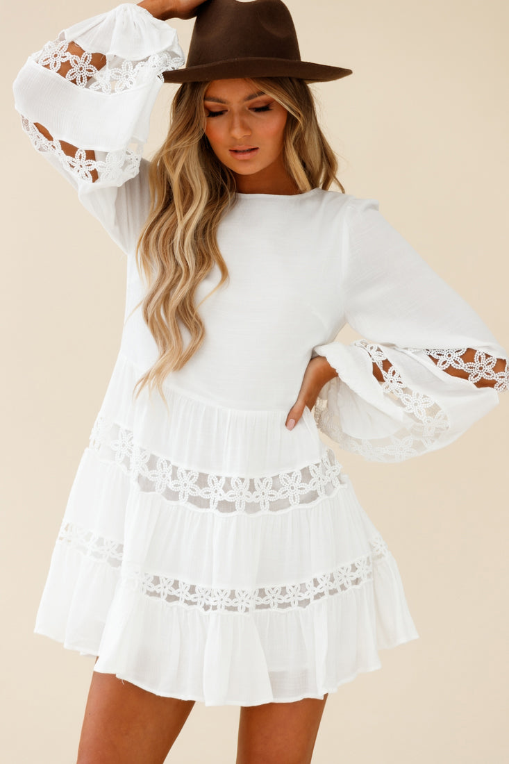 Miles Away Long Balloon Sleeve Trim Insert Dress White by Selfie Leslie