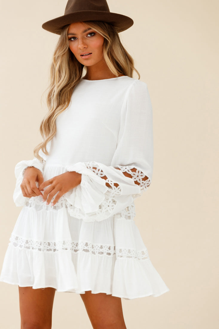 Miles Away Long Balloon Sleeve Trim Insert Dress White by Selfie Leslie