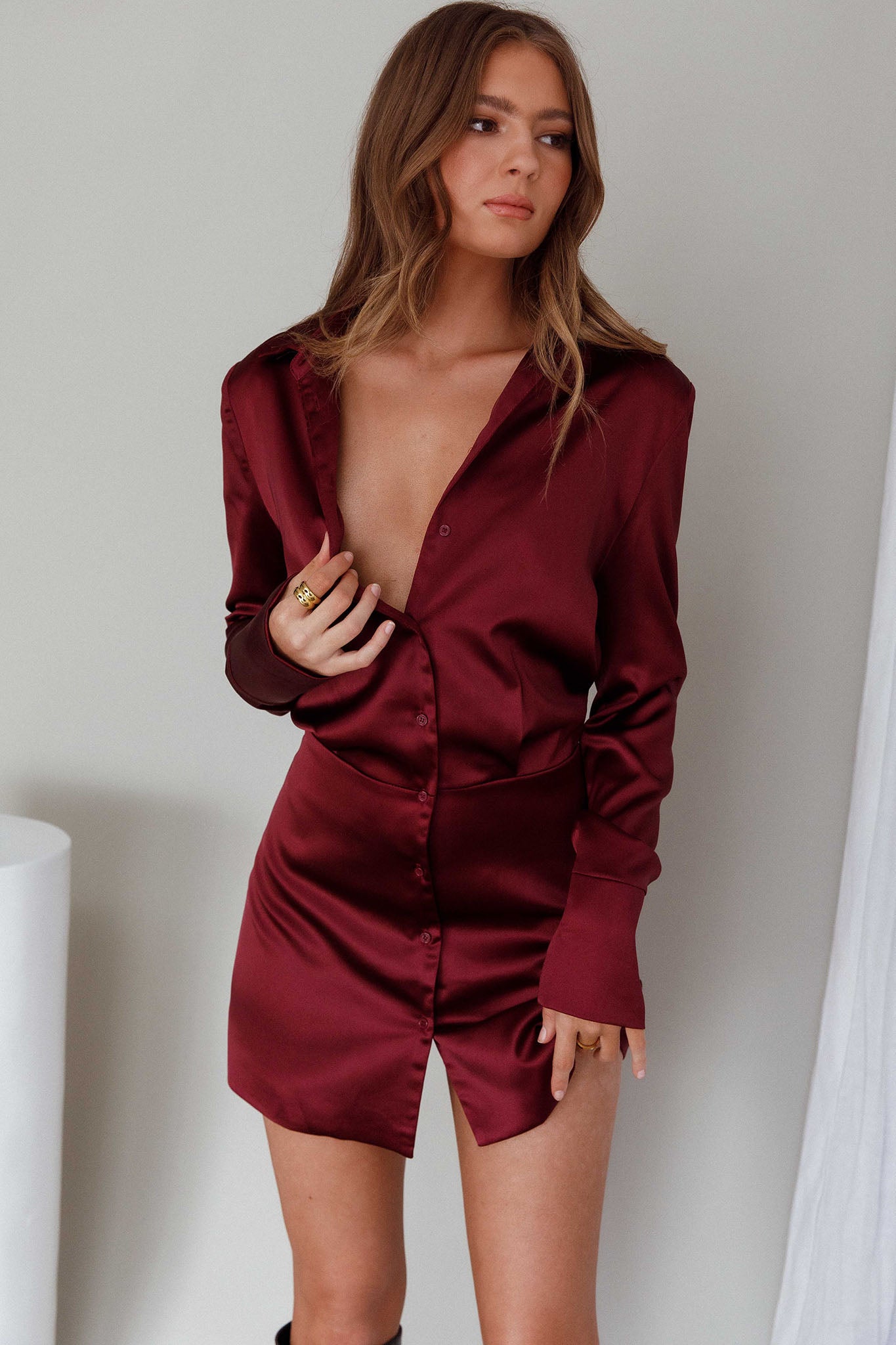 Lisbeth Collared Shirt Dress Burgundy by Selfie Leslie