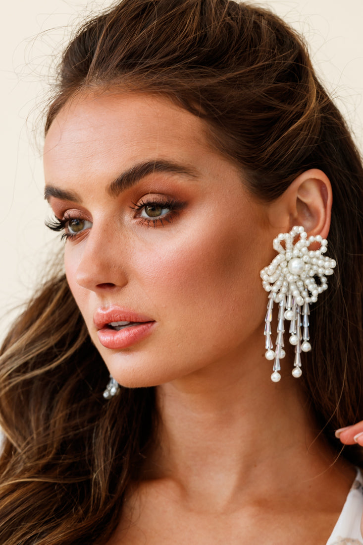 Winslet Pearl Bead Flower Earrings White by Selfie Leslie