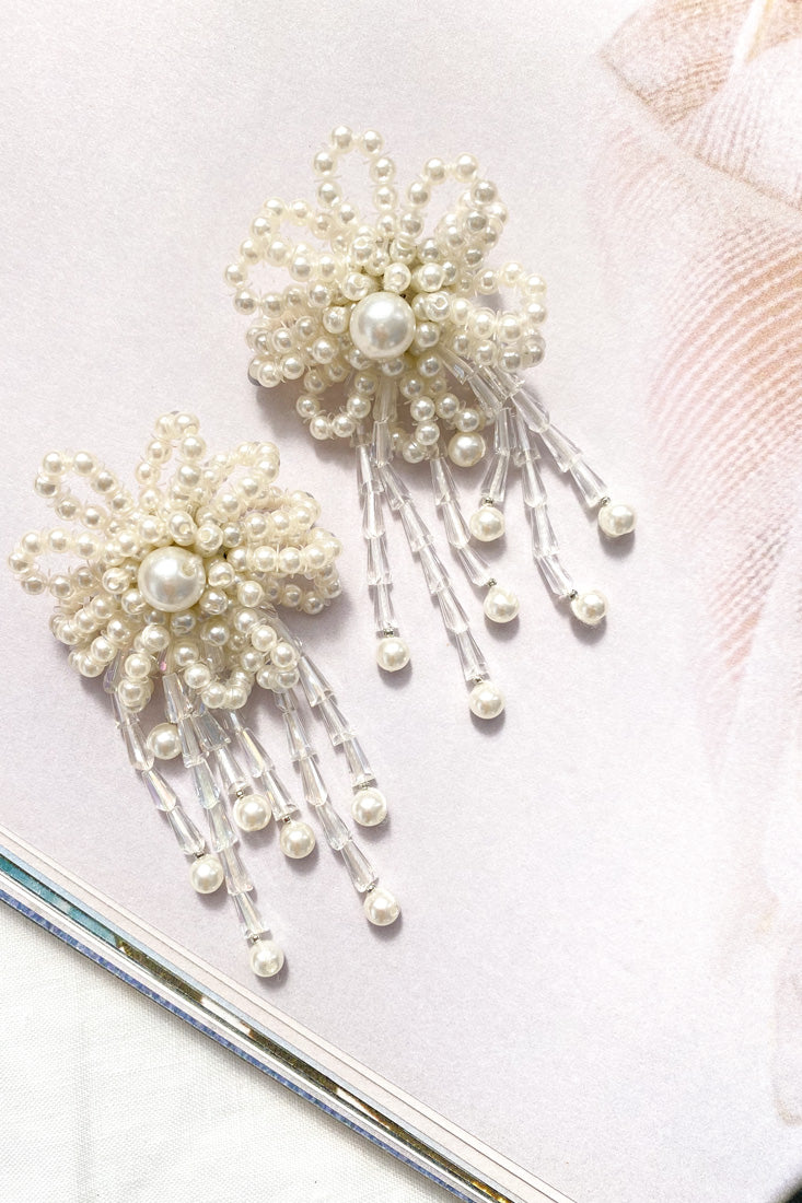 Winslet Pearl Bead Flower Earrings White by Selfie Leslie