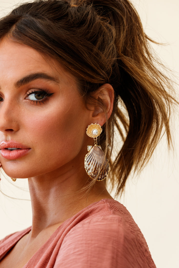 Bora Bora Pearl Accent Shell Earrings Tan by Selfie Leslie