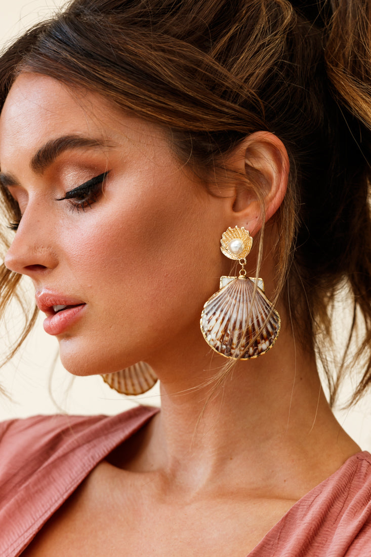 Bora Bora Pearl Accent Shell Earrings Tan by Selfie Leslie