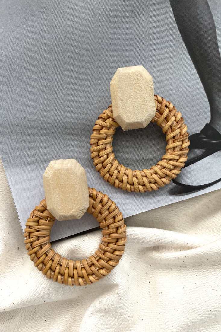 Sirocco Woven Straw Circle Earrings Beige by Selfie Leslie