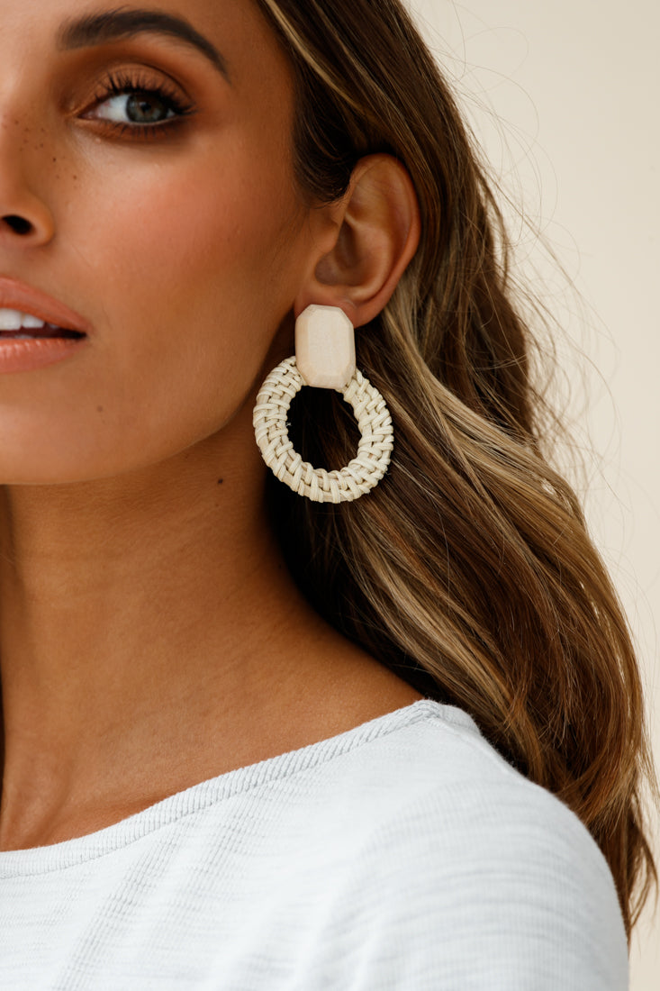 Sirocco Woven Straw Circle Earrings White by Selfie Leslie