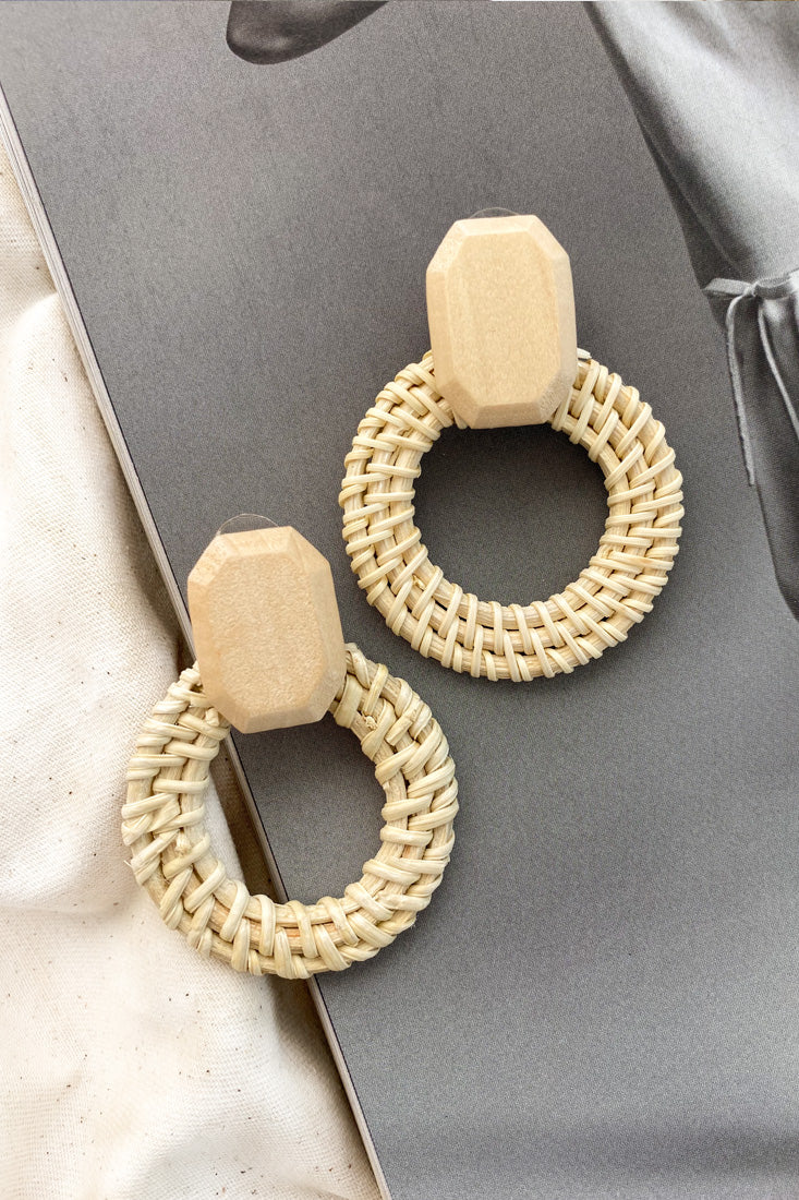 Sirocco Woven Straw Circle Earrings White by Selfie Leslie