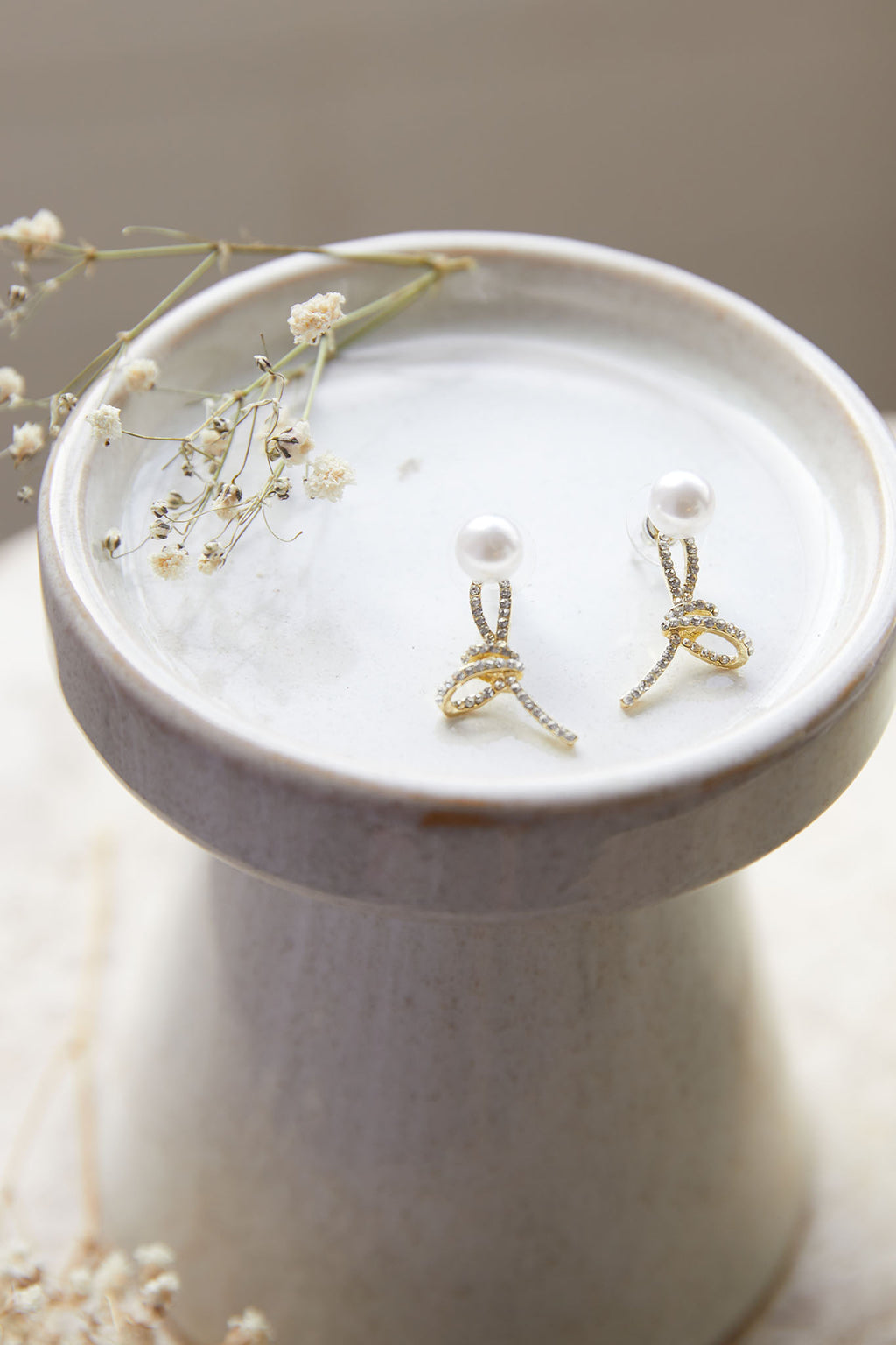Carrie Crystal Knot Pearl Earrings Gold by Selfie Leslie