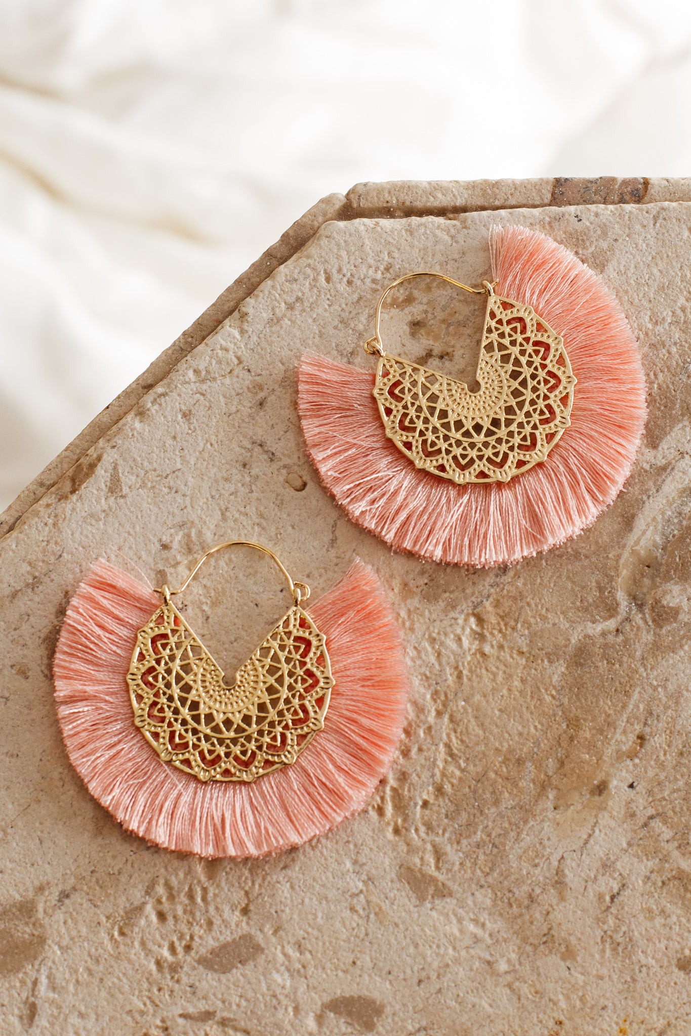 Bali Gold Filigree Fringing Earrings Pink by Selfie Leslie