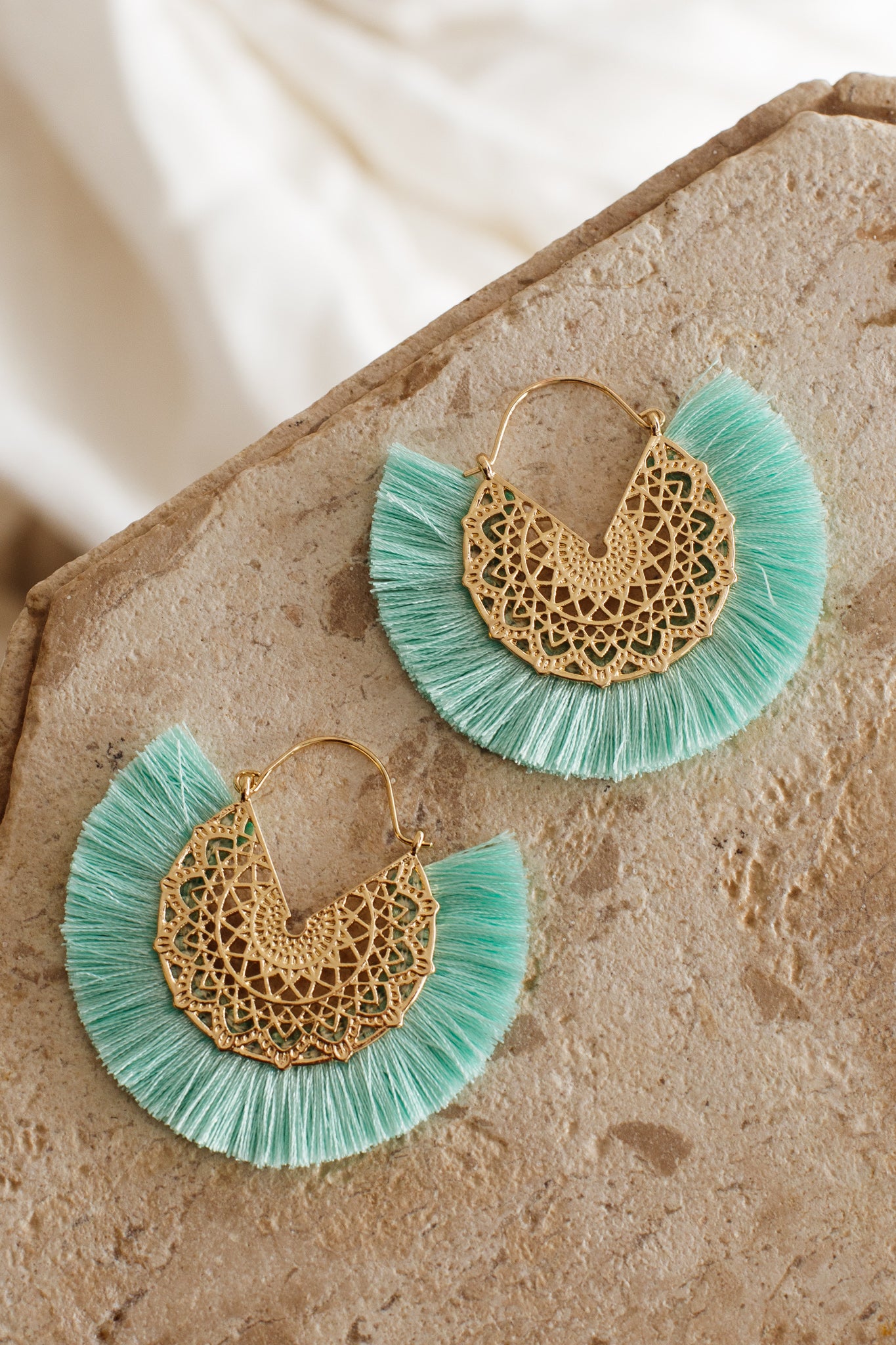 Bali Gold Filigree Fringing Earrings Sage by Selfie Leslie