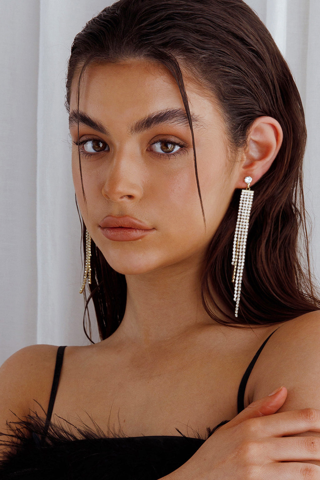 Jamie Tiered Diamante Strand Earrings Gold by Selfie Leslie
