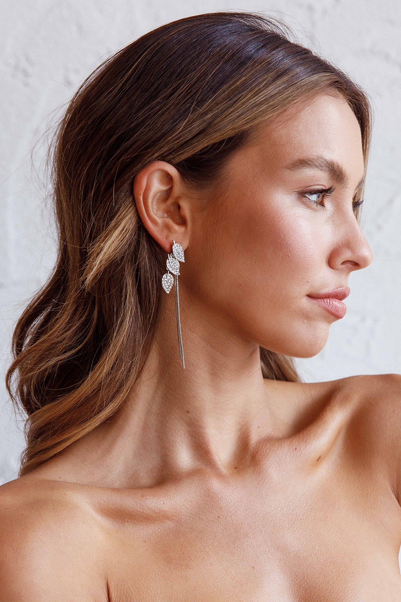 Zircon Leaves Tassel Drop Earrings Silver by Selfie Leslie