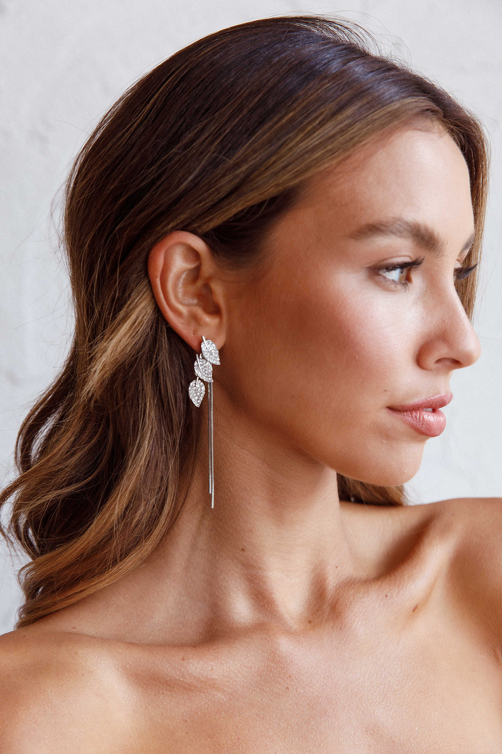 Zircon Leaves Tassel Drop Earrings Silver by Selfie Leslie