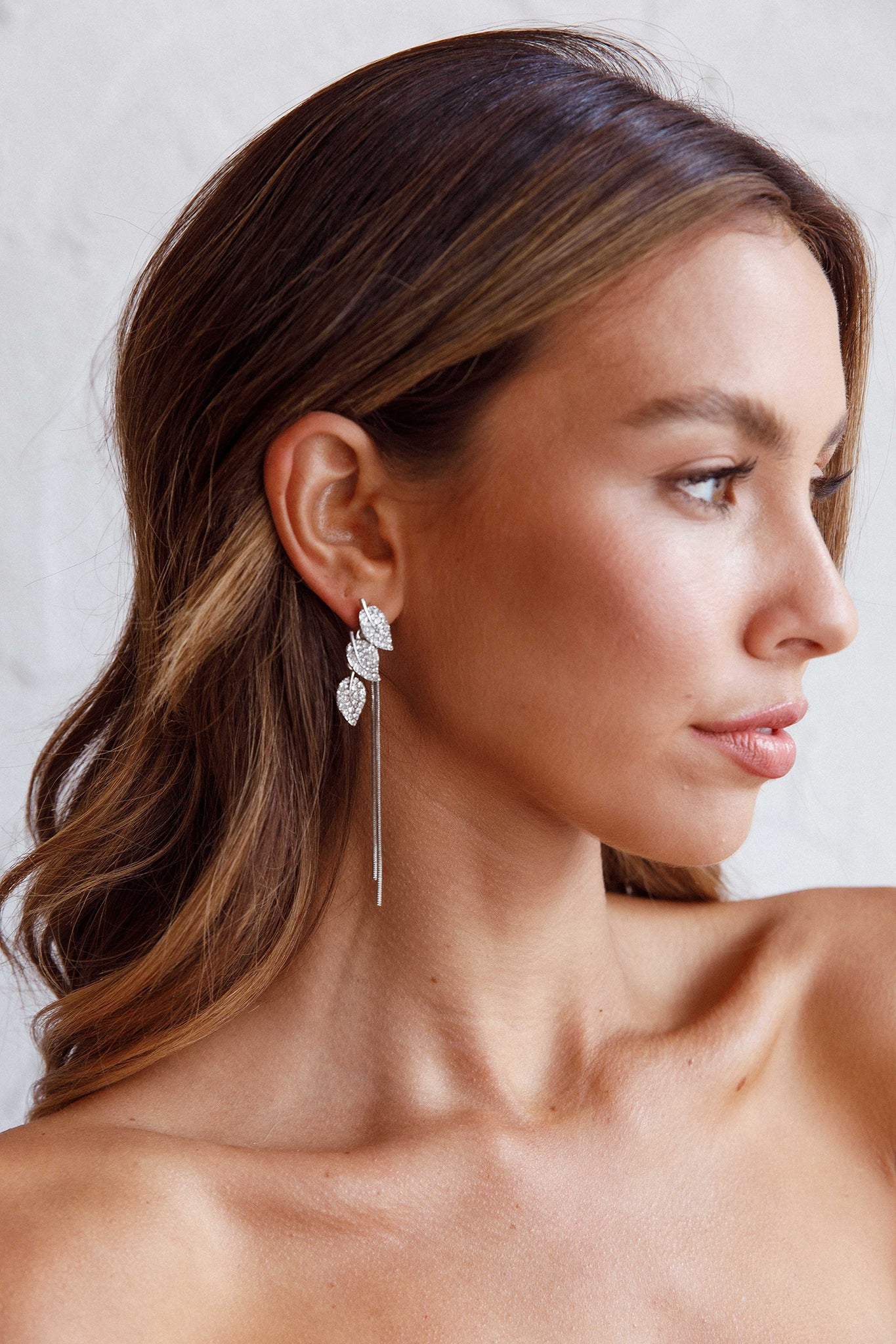 Zircon Leaves Tassel Drop Earrings Silver by Selfie Leslie
