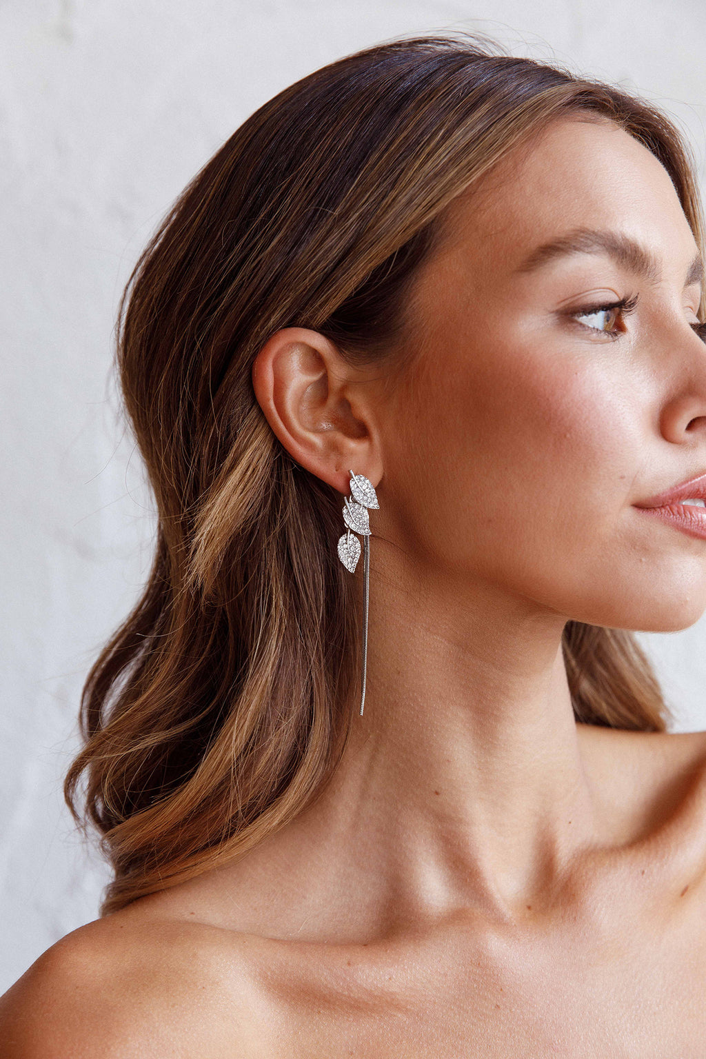 Zircon Leaves Tassel Drop Earrings Silver by Selfie Leslie