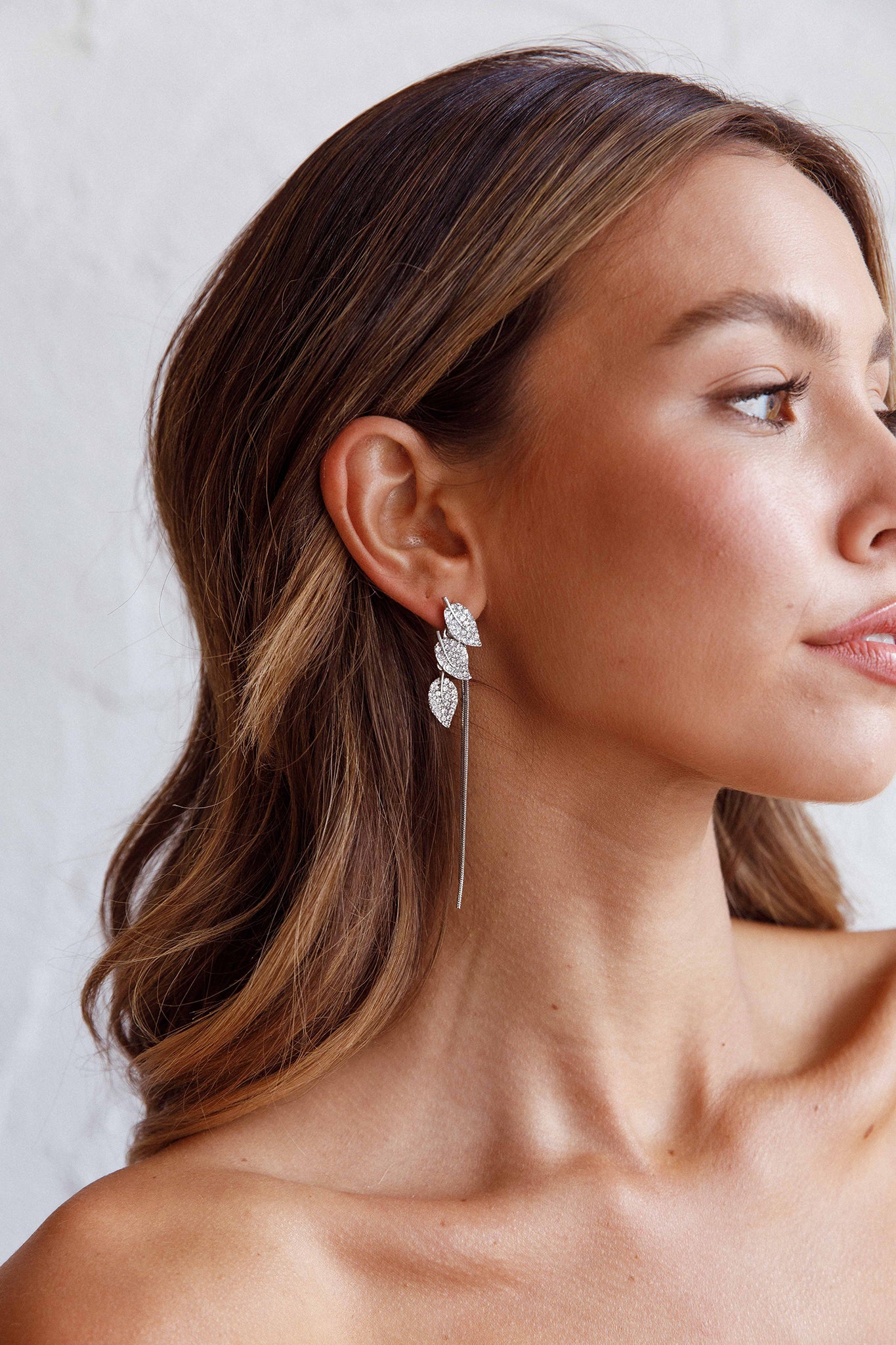 Zircon Leaves Tassel Drop Earrings Silver by Selfie Leslie