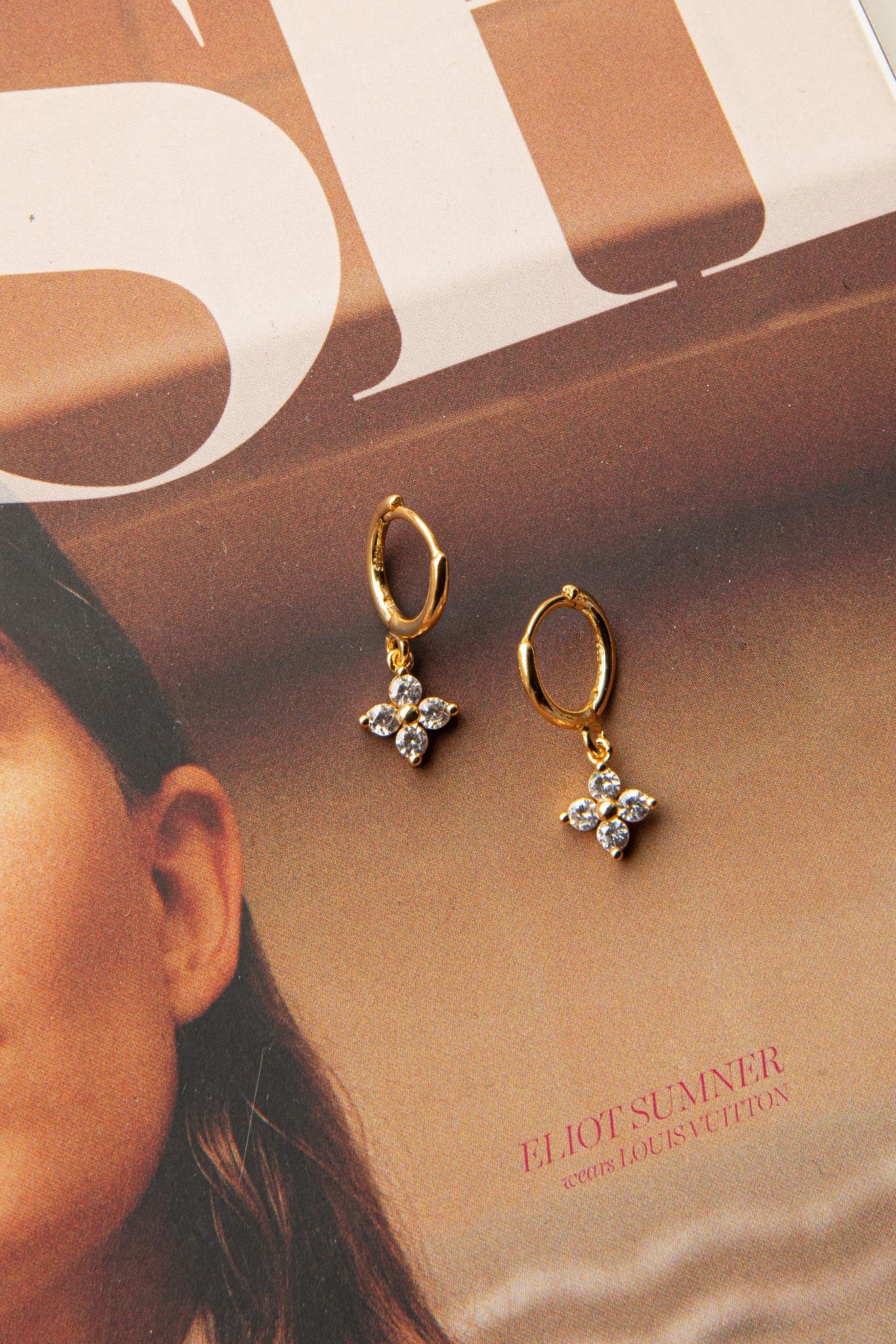 Dexter Clover Diamante Drop Hoop Earrings Gold by Selfie Leslie