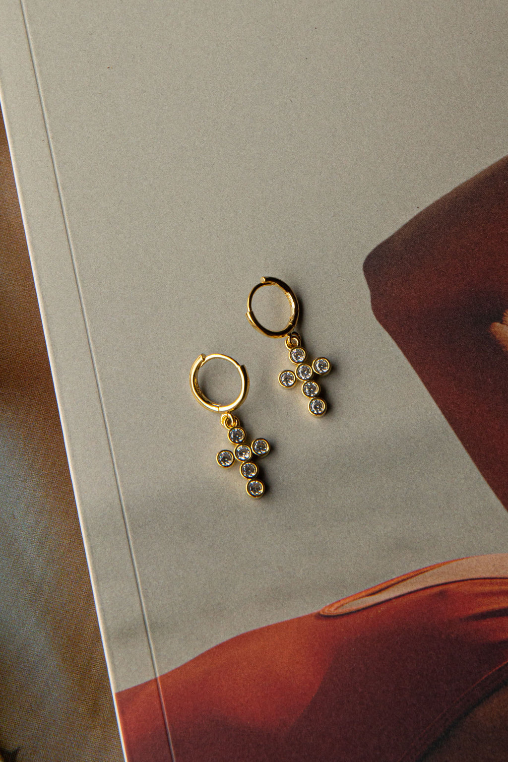 Santiago Cross Drop Diamante Hoop Earrings Gold by Selfie Leslie