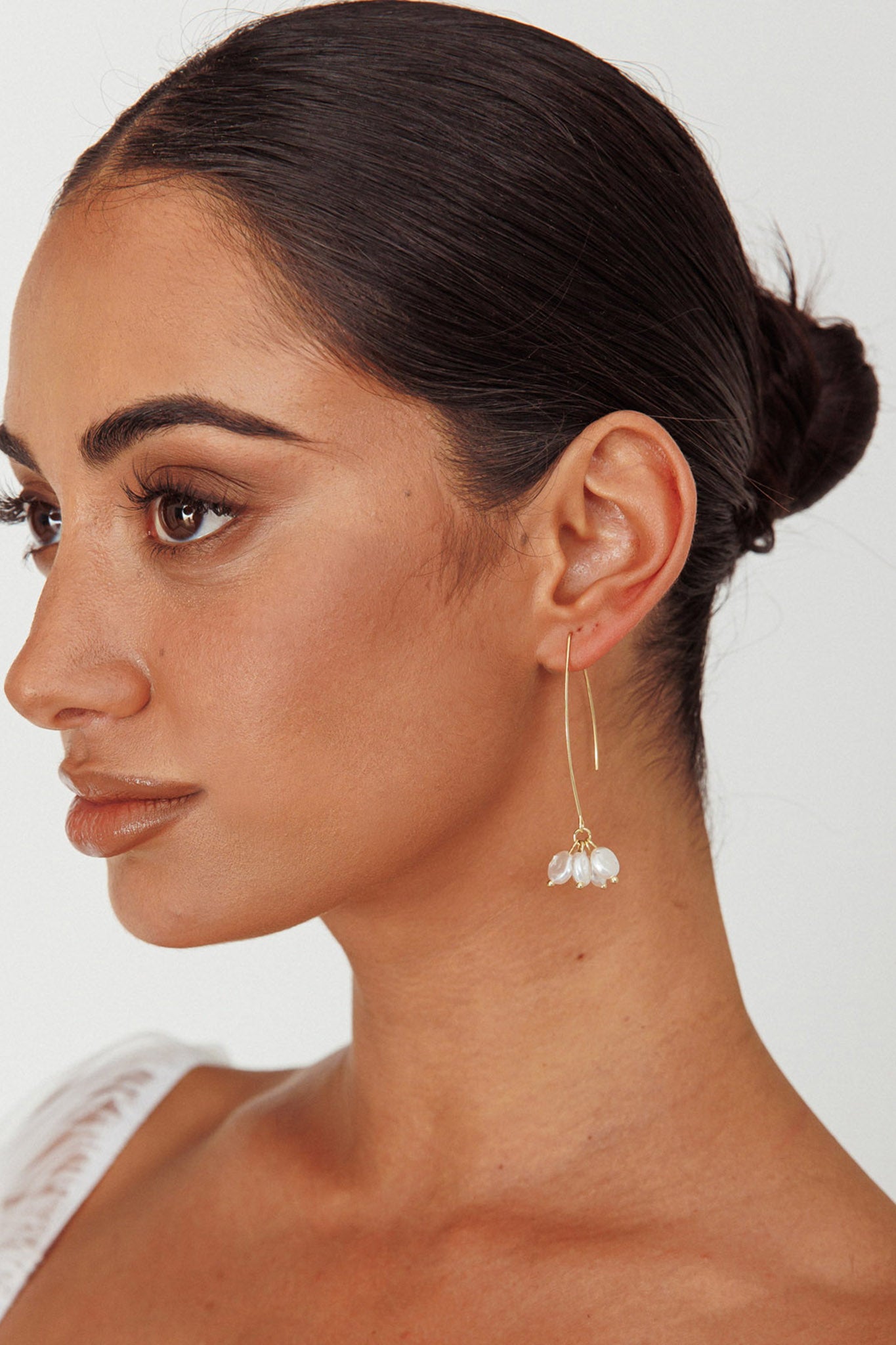 Sarah Pearl Accent Long Hook Earrings Gold by Selfie Leslie