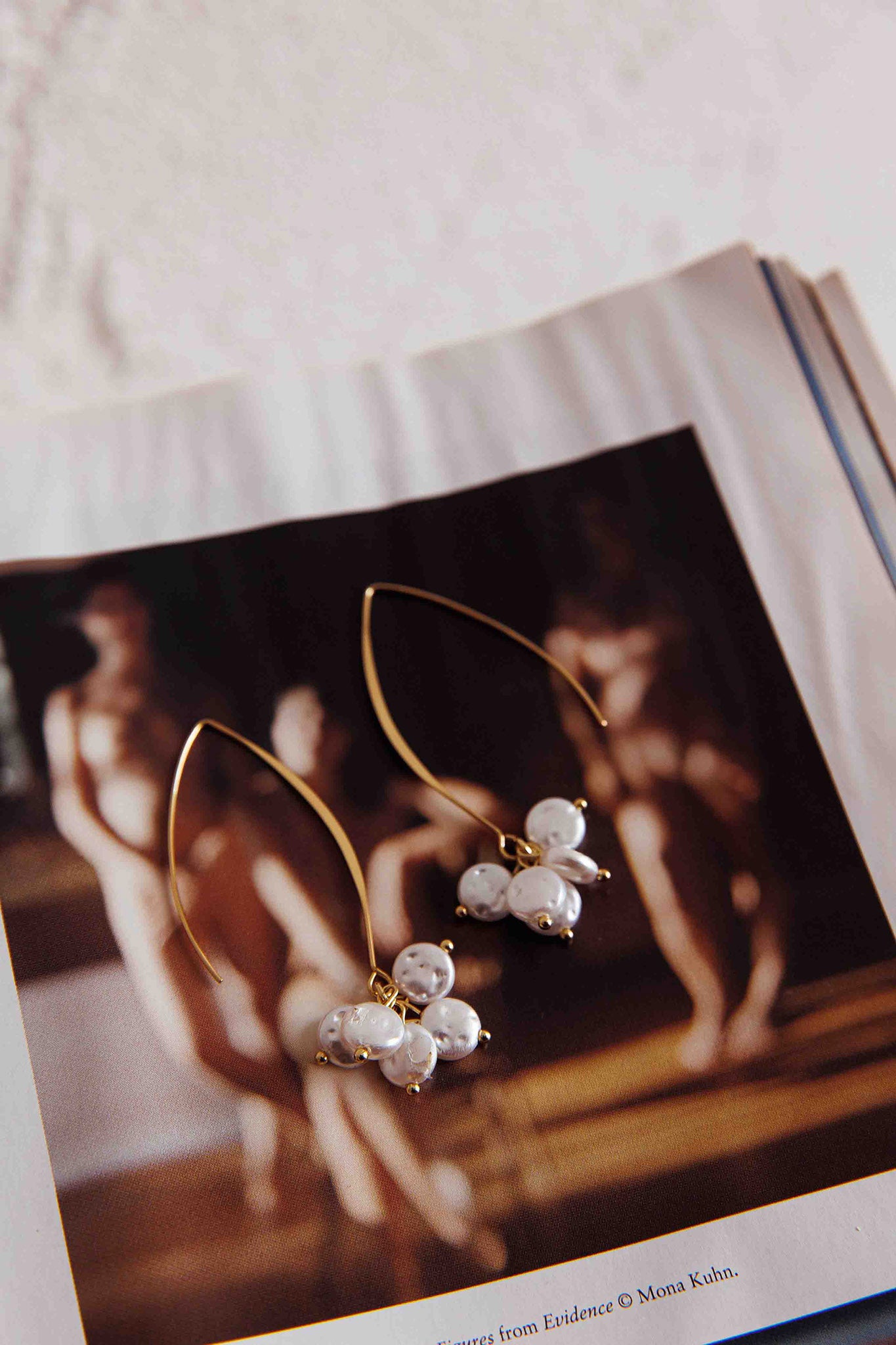 Sarah Pearl Accent Long Hook Earrings Gold by Selfie Leslie