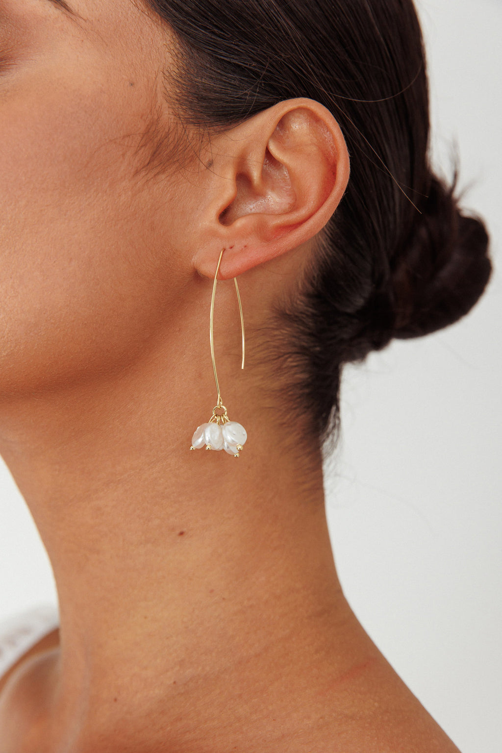 Sarah Pearl Accent Long Hook Earrings Gold by Selfie Leslie