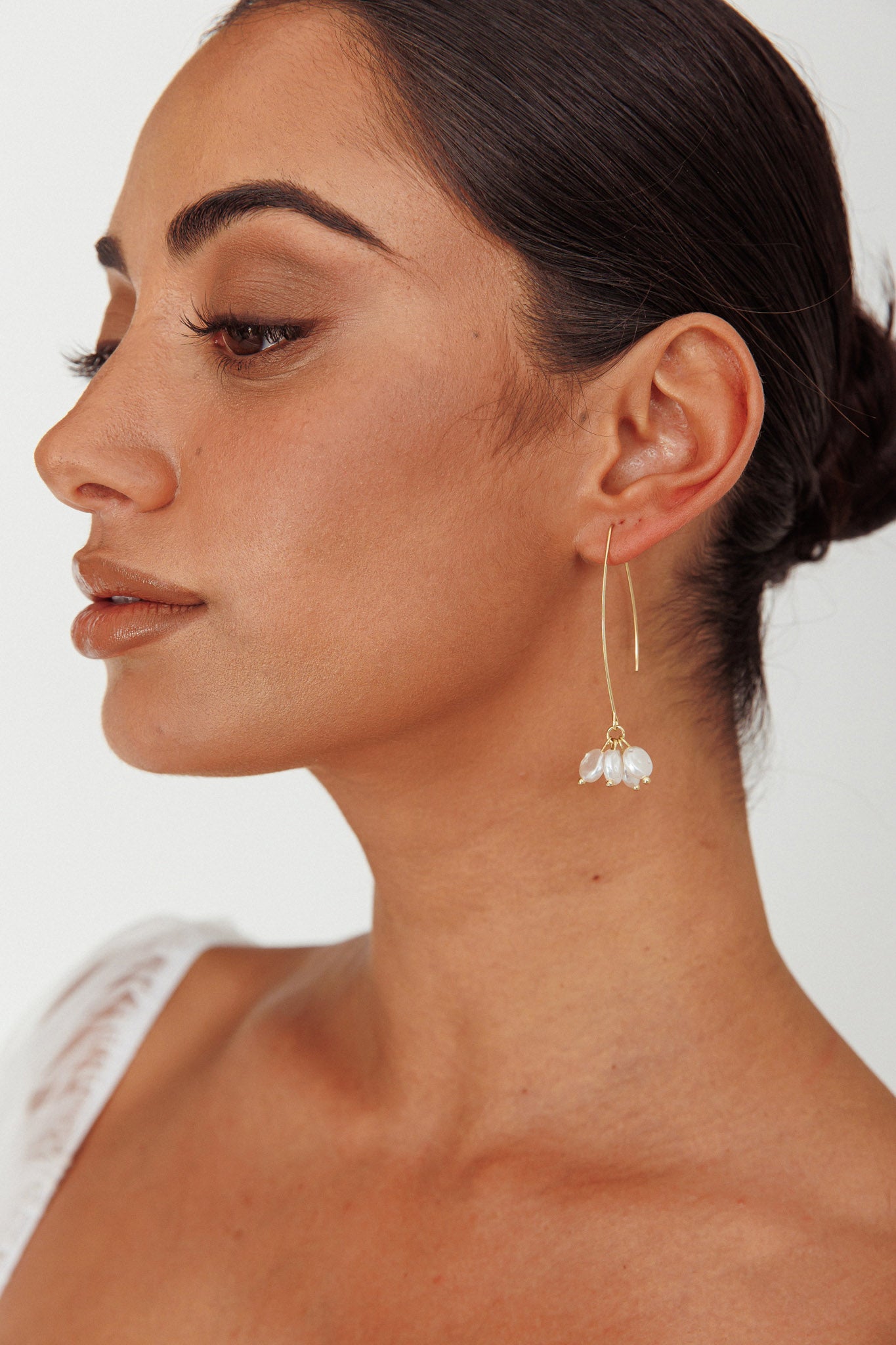 Sarah Pearl Accent Long Hook Earrings Gold by Selfie Leslie