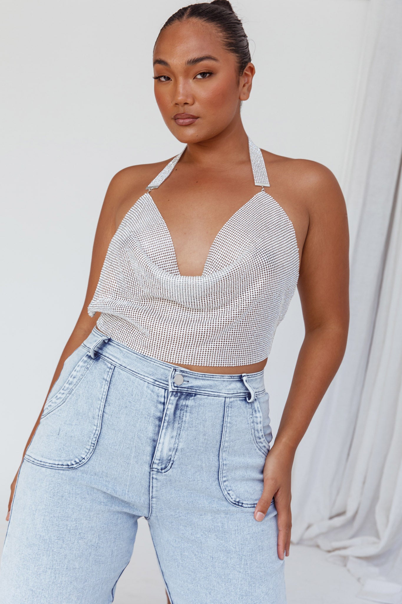 California Diamante Crop Vest Silver by Selfie Leslie