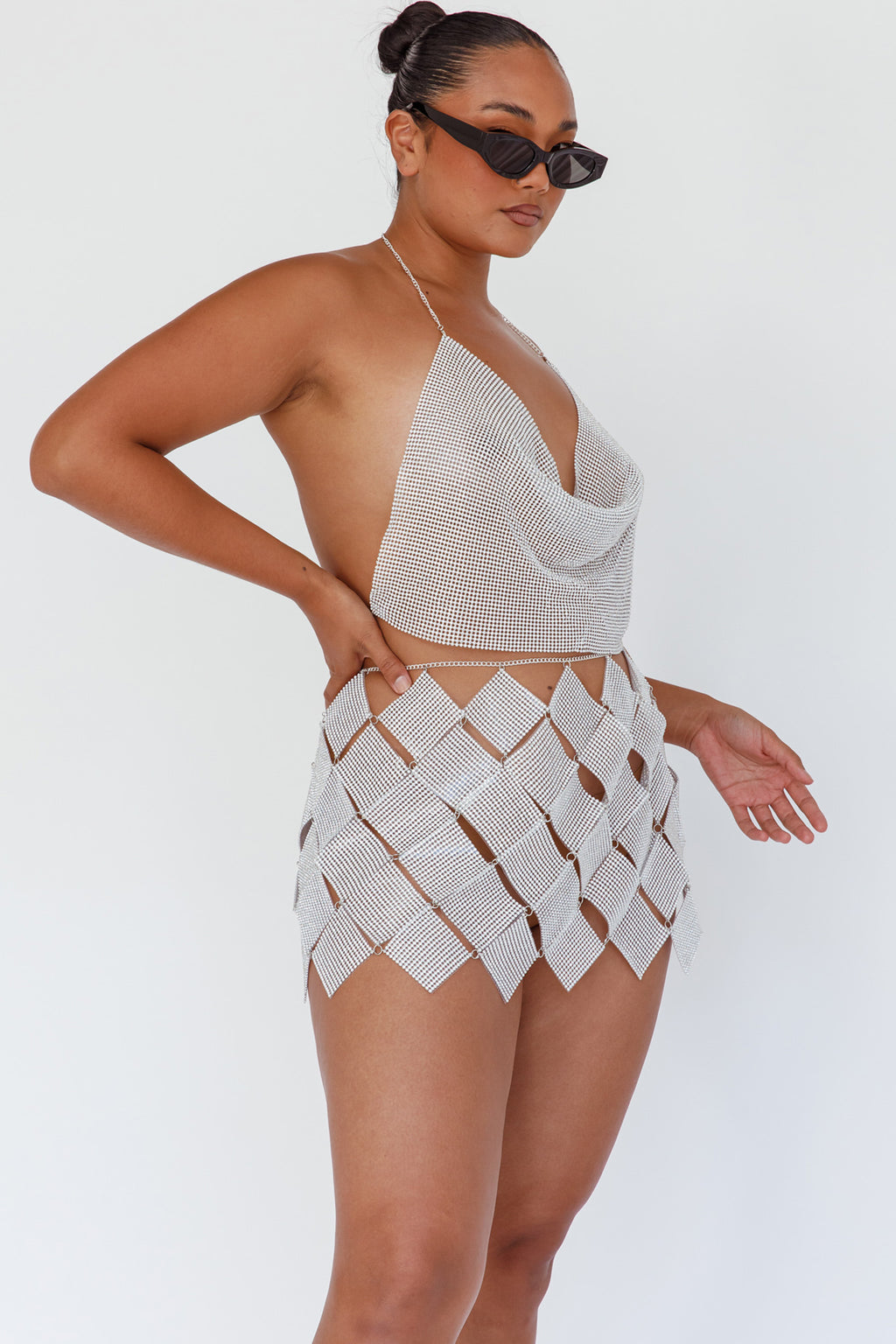 Vally Sequins Geometric Mini Skirt Silver by Selfie Leslie