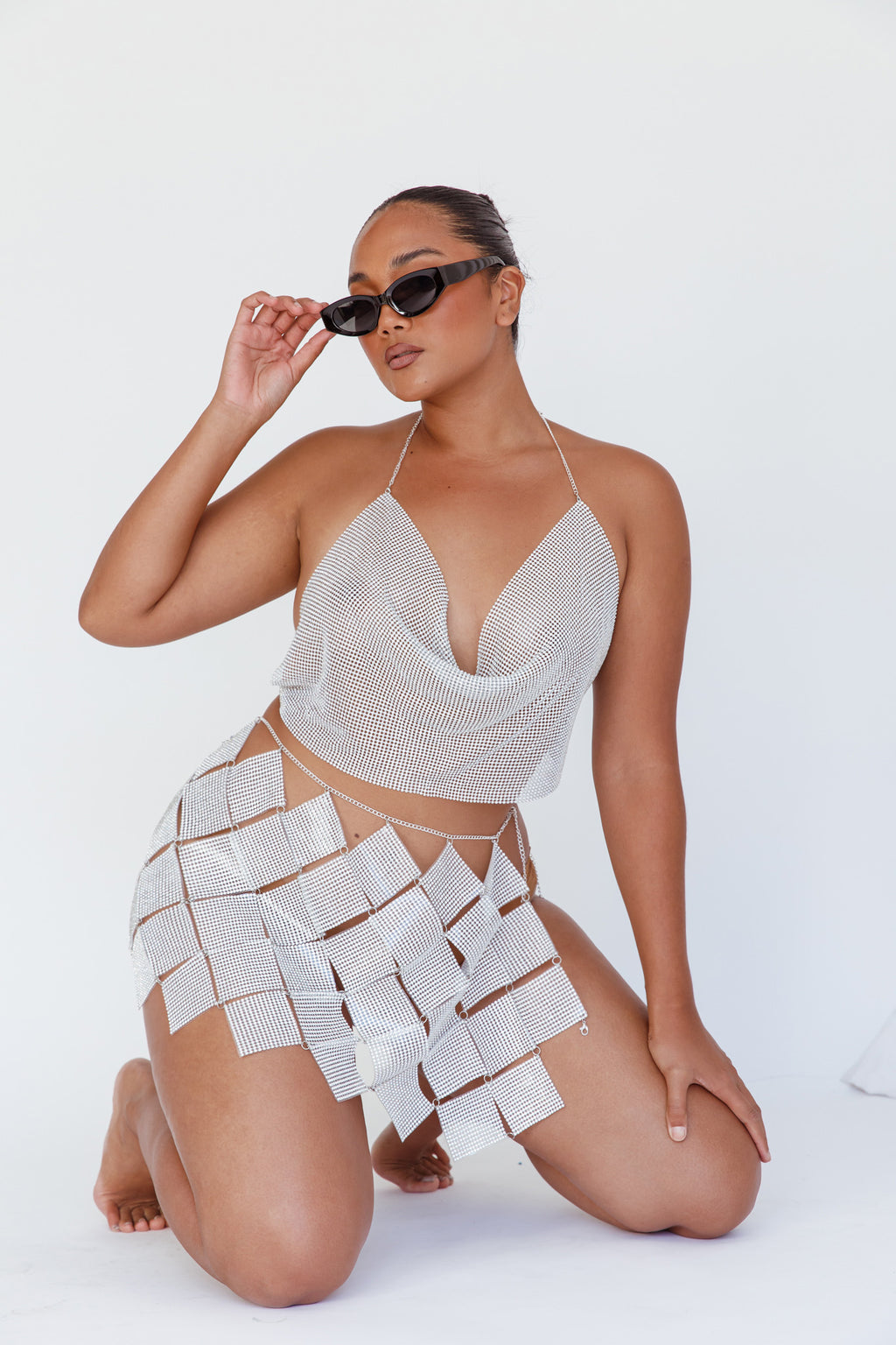 Vally Sequins Geometric Mini Skirt Silver by Selfie Leslie