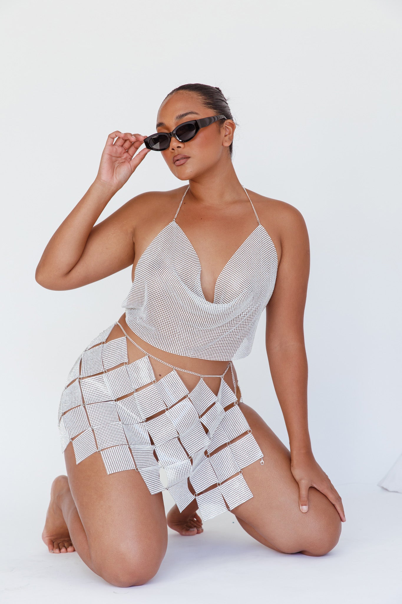 Vally Sequins Geometric Mini Skirt Silver by Selfie Leslie