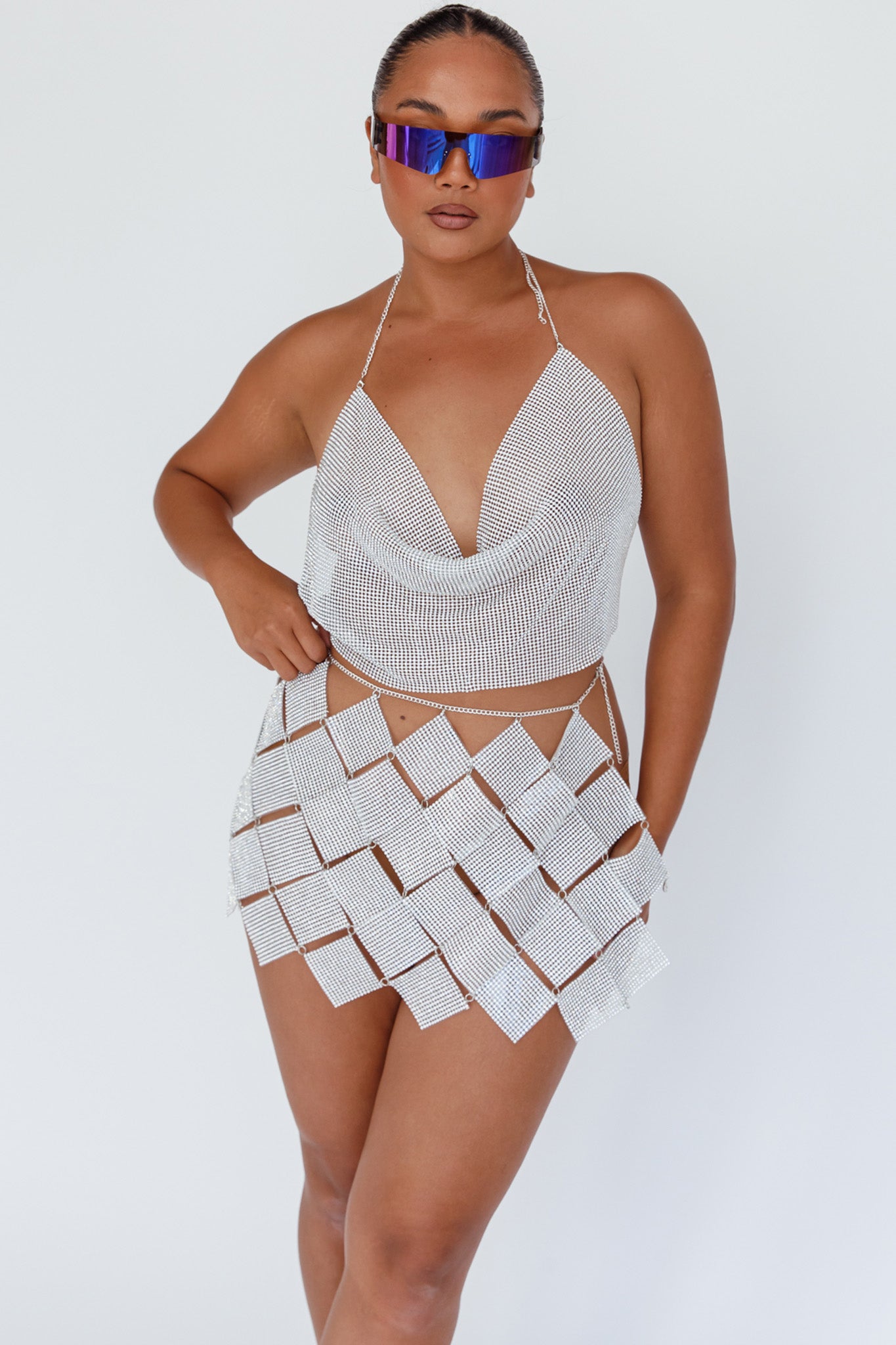 Vally Sequins Geometric Mini Skirt Silver by Selfie Leslie