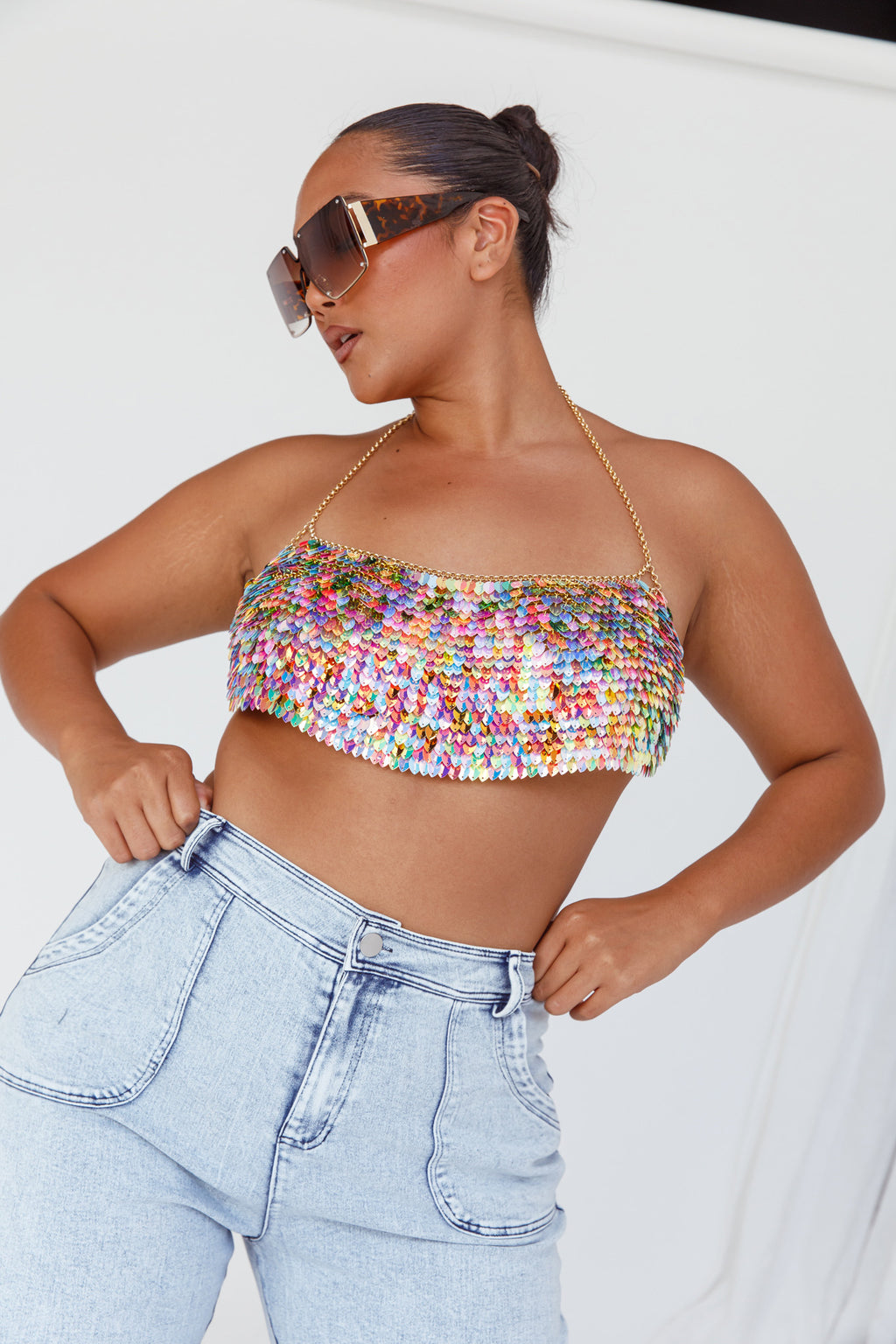Aerys Holographic Dragon Scale Halter Chain Bralette by Selfie Leslie