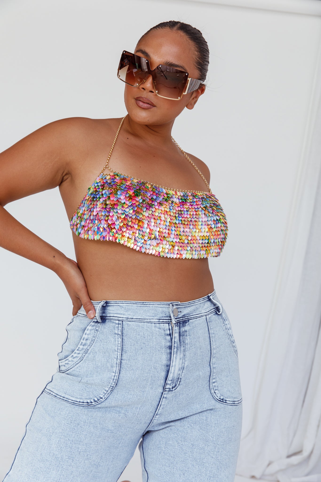 Shop the Aerys Holographic Dragon Scale Halter Chain Bralette