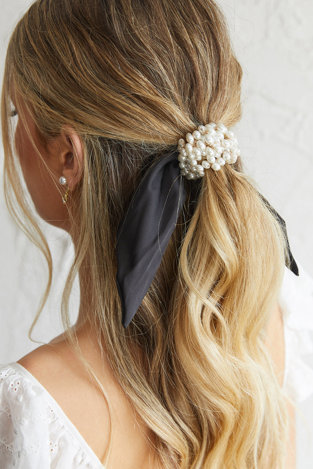 Carina Pearl & Satin Bow Hair Tie Black by Selfie Leslie