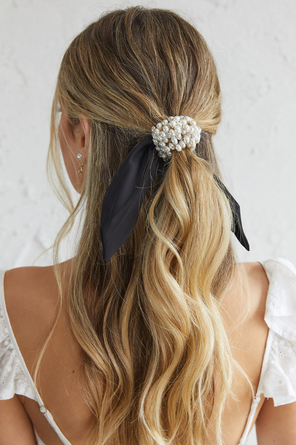 Carina Pearl & Satin Bow Hair Tie Black by Selfie Leslie