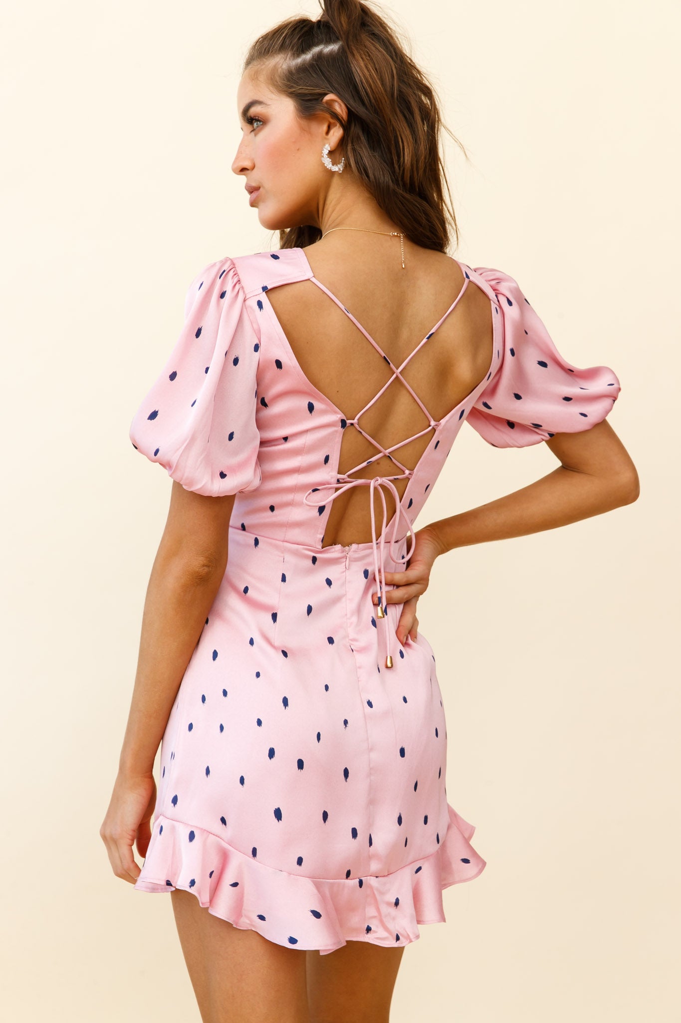 Indiana Puff Sleeve Lace-Up Back Dress Spot Print Pink by Selfie Leslie
