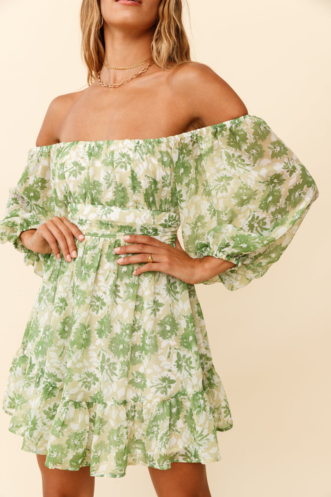 Abby Off-Shoulder Tie-Up Back Dress Floral Print Green by Selfie Leslie