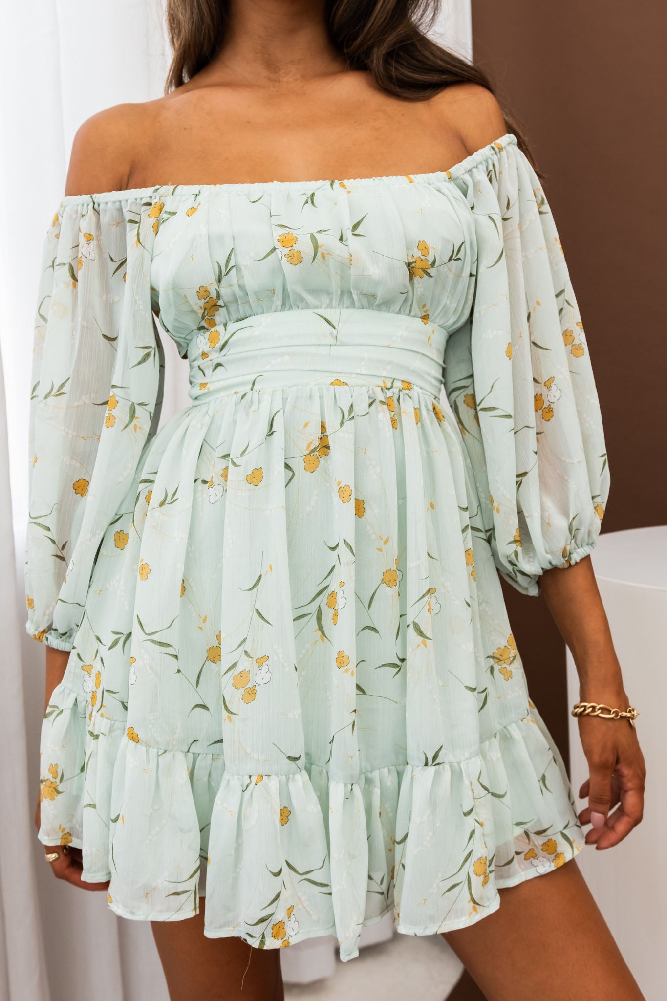 Abby Off-Shoulder Tie-Up Back Dress Floral Print Mint by Selfie Leslie