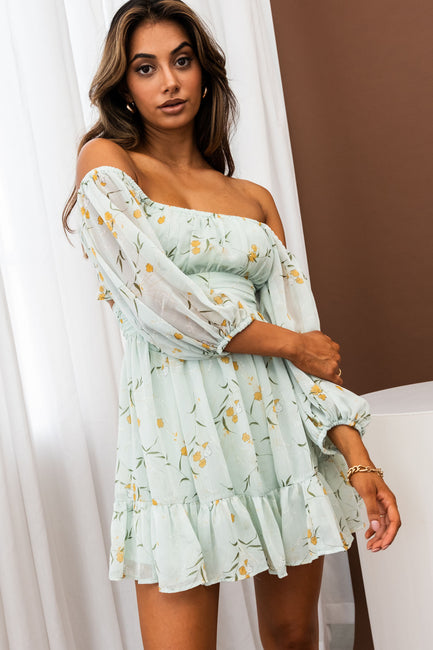 Abby Off-Shoulder Tie-Up Back Dress Floral Print Green