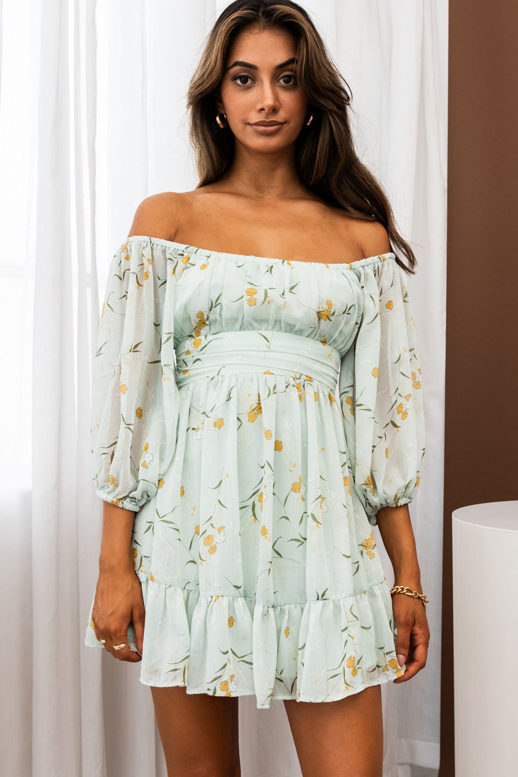 Abby Off-Shoulder Tie-Up Back Dress Floral Print Mint by Selfie Leslie