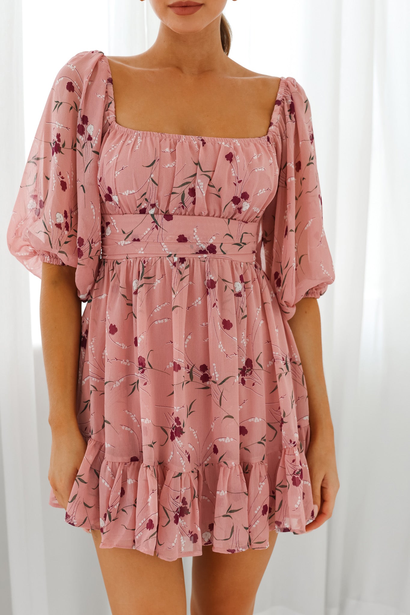 Abby Off-Shoulder Tie-Up Back Dress Floral Print Rose by Selfie Leslie